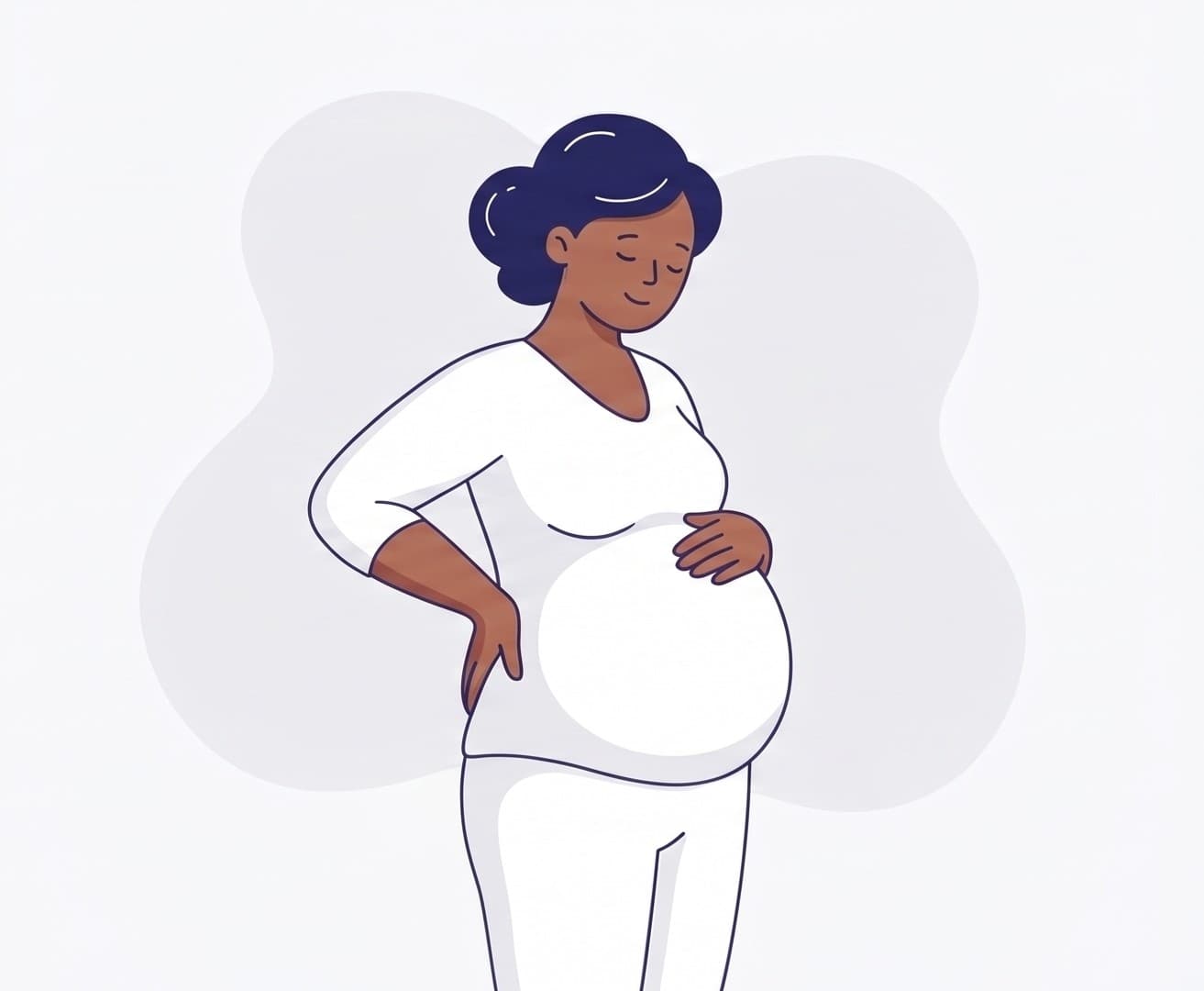A pregnant woman standing with a hand on her back and a hand on her belly